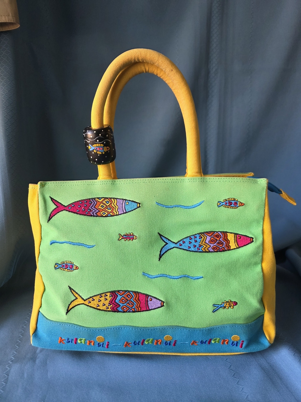 Kulanui of Hawaii Embroidered Canvas Fish Tote Bag Yellow Green Y2K